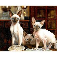 ✿ ORIGINAL Oil Portrait Painting THREE SIAMESE CATS Artist Signed Kitten Art picture
