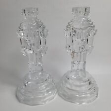 TWO Vintage Clear Glass Nutcracker Candle Holders 8 Inch Tiered Base Heavy picture