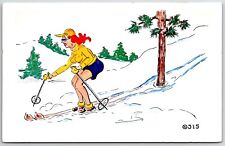 Vtg Kromekolor Comic Postcard Woman Skiing Around Tree  picture