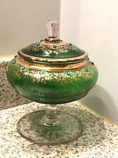 Vintage Moser Emerald Green Art Glass Apothecary Candy Jar Gold Gilt Jeweled picture