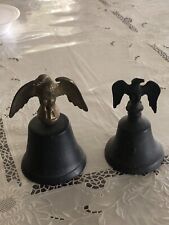 SET OF TWO VINTAGE METAL CAST IRON AND GOLD EAGLE BIRD BELLS picture
