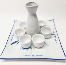 Japanese Sake Tokkuri Set Bottle & Six Cups & Serving Plate White w/ Blue Bamboo picture