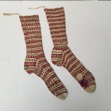 2 Old Fashioned Knit Stockings Patched Vintage Handmade Striped Red Decoration picture