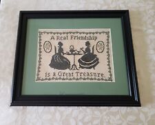 Antique Victorian Handmade Sampler Cross Stitch Ladies Friendship Tea Cup Time  picture