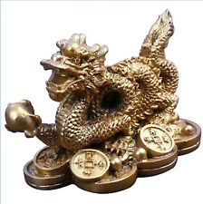 New Brass Asian Chinese Feng Shui Dragon on Money Coins Figurine Godd Luck Statu picture