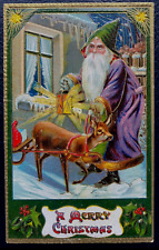 Purple Robe~Green Hat~Santa Claus with Reindeer ~Antique~Christmas Postcard~k202 picture