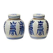Pair Blue White Small Oriental Shou Characters Porcelain Ginger Jars ws1384 picture