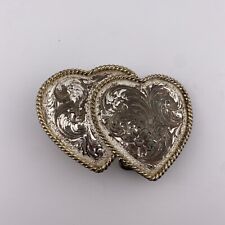 Vtg Montana Silversmiths Double Heart Western Belt Buckle Silver Plate Gold Trim picture