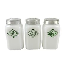 McKee Milk Glass Salt Pepper Sugar Shakers Green Paint Vintage 1940s Metal Lids picture