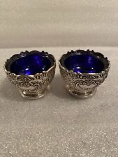 (2) 1950's F.B. Rodgers Silver Plated Cobalt Blue Salt cellars. picture