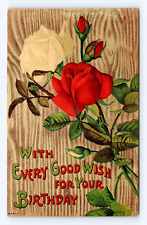 Vintage Old Postcard Happy Birthday Red White Roses Coweta OK 1910Cancel Antique picture