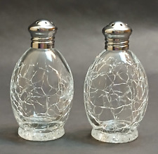 Crystal Crackle Clear Glass Salt & Pepper Shakers Chrome Plated Irice Vintage picture
