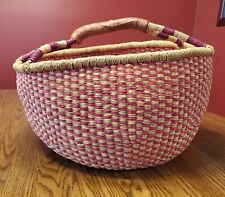 African Ghana Bolga Market Basket Leather Handle Oval Handwoven 18
