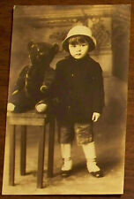 Vtg RPPC - Child posed with Antique Teddy Bear real photo postcard picture