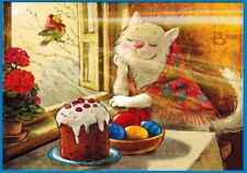 R.Zenyuk EASTER White Cat listens Bird BABKA PIE Colored eggs Russian postcard picture