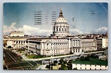 c1946 City Hall US Flags Classic Cars Buses San Francisco CA VINTAGE Postcard picture