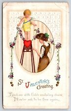 Ellen Clapsaddle~St Valentines Greeting~Cherub & Woman W/ Flowers~PM 1919~PC picture