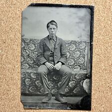 Antique Tintype Photo c.1960, Young Man Casual Pose, Peacoat, Hat, Leather Boots picture