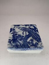 19C Chinese Blue & White Square Porcelain Box Bird & Flower Motif picture
