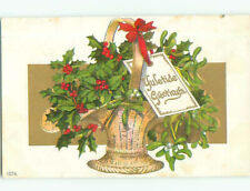 Pre-Linen christmas ANTIQUE BASKET OF HOLLY AND MISTLETOE : make an offer J1733 picture
