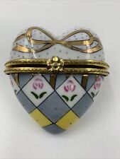 Vintage Hand painted Ceramic Heart Trinket Floral Checked Pattern W/Gold Trim picture