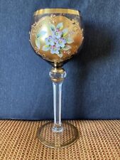 VINTAGE BOHEMIAN CRYSTAL HAND PAINTED ENAMEL FLORAL LAVENDER WINE GLASS RARE picture