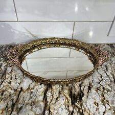 Vintage Jeweled Oval Vanity Mirrored Floral Perfume Tray 13 1/8” X 8 1/4” X 2” picture