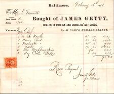 James Getty Baltimore MD 1866 Billhead Dry Goods Tax Stamp picture