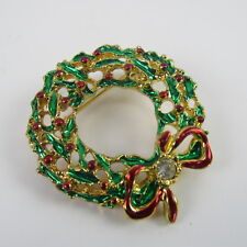 Christmas Brooch Wreath Gold Tone Rhinestone Vintage Jewelry picture