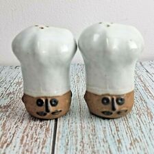 VTG Salt and Pepper Shakers Chef's Hat Ceramic Clay Glaze Face Pair Picnic BBQ picture