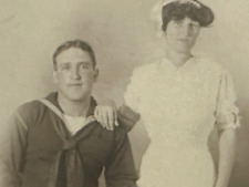 Wedding Real Photo Postcard RPPC Navy Sailor Bride Groom PMO Publ 1907-1915 picture