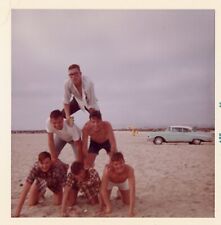 Vintage Photo Young Men Beach Human Pyramid 1950s Car White Wall Tires picture