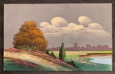 Hand Painted Postcard Serene Landscape Windmill in Distance~Miniature Painting  picture