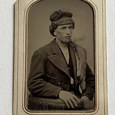 Antique Tintype Photograph Handsome Fashionable Young Man Fur Pelt Great Hat picture