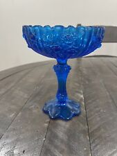 Vintage Fenton Colonial Blue Glass Compote Cabbage Rose Pedestal Candy Relish picture