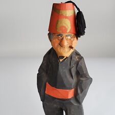 VINTAGE Wooden Hand Carved Shriner Man Figure Hat with Fez Freemason 6.25 inches picture