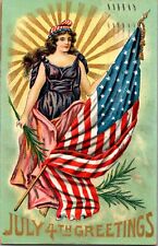 Postcard 4th Of July Greeting Lady Liberty Flag Divided Back Postmarked 1909 picture