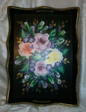 Vintage Hand Painted Floral Tole Wood Decorative 18x13 Black Butler Serving Tray picture