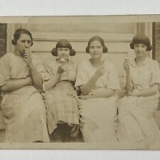 Antique Sepia Snapshot Photograph Lovely Young Women Eating Ice Cream Cones picture