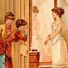c.1880 Bortree Duplex Corset Folding Victorian Trade Card Ad Peeping Mrs. Brown picture