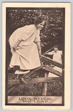Postcard Lady Climbing Over Fence Look Before You Leap Vintage Unposted 1910 picture
