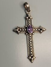 Intricate Vintage Ornate Sterling Silver 925  Amethyst Etruscan Cross Pendant picture