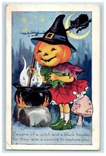1921 Halloween Witch's Cauldron Mushroom Black Cat Hat Whitney Made Postcard picture