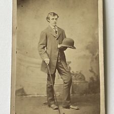 Antique Cabinet Card Photograph Dapper Young Man Bowler Hat Cane Photo Stand picture