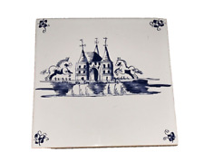 Dutch Delft Blue & White Tile Castle & Horses Waterfall 5.25in x 5.25in picture