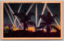 World Premier Night View Hollywood California Skyscrapers Linen Cal VNG Postcard picture