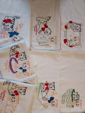 Vintage Kitchen Dish Towels Days of the Week 7 XL Hand Embroidered Cats Kittens picture