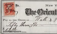 Vintage 1872 Bank Check Cheque THE ORIENTAL BANK New York with Revenue Stamp picture