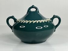 Vintage Harkerware Pottery Covered Sugar Bowl Teal Green White Trim picture
