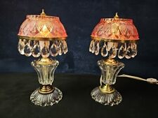 Pair Vintage Michelotti Style Pink/Cranberry Crystal Lamp with Prisms 10